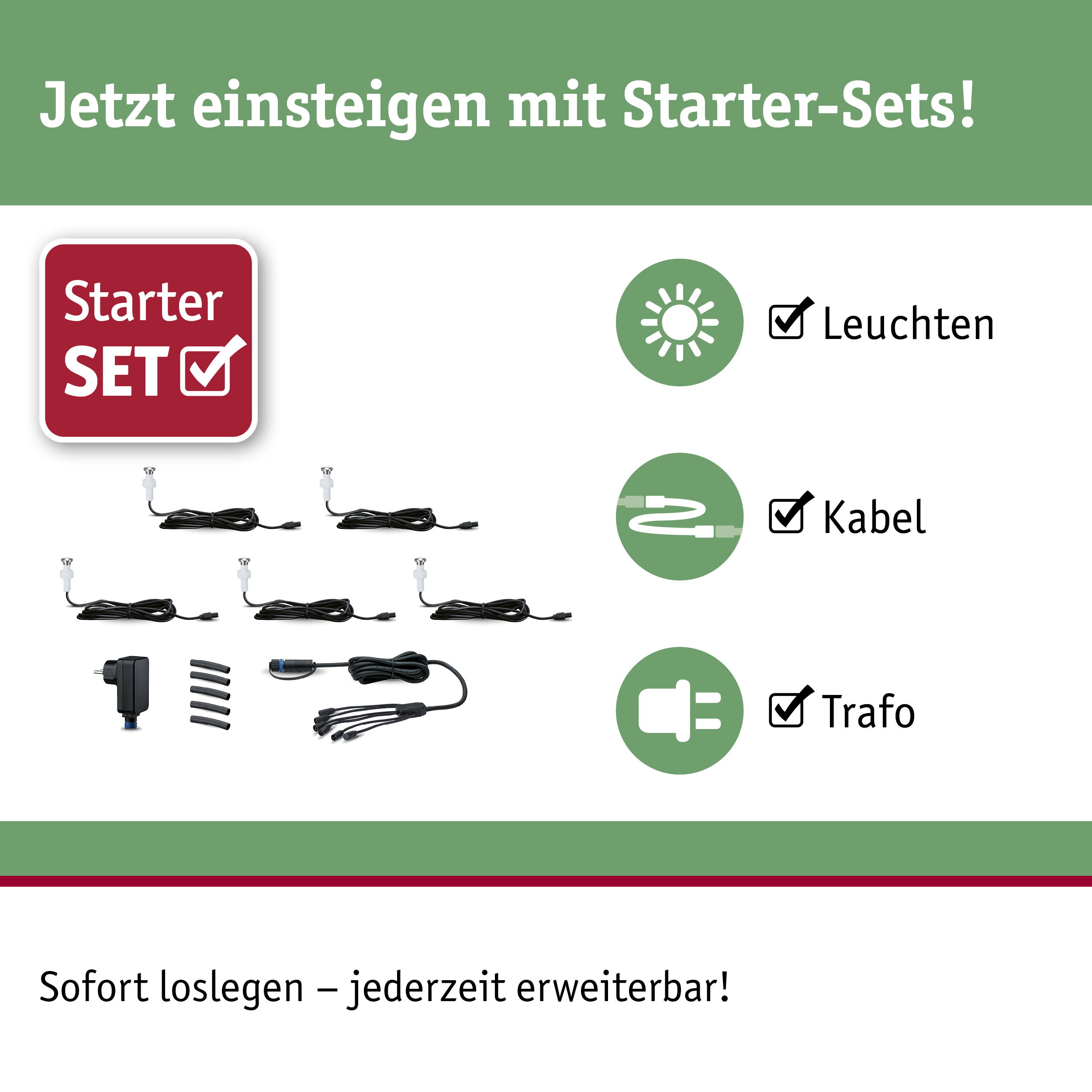 Starter-Set mit Kabeln, Trafo und Leuchten für einfache LED-Beleuchtung sofort erweiterbar