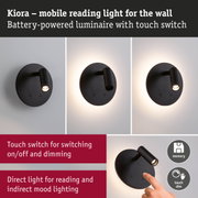 Kiora mobile black metal reading light with touch switch and battery for dimmable lighting