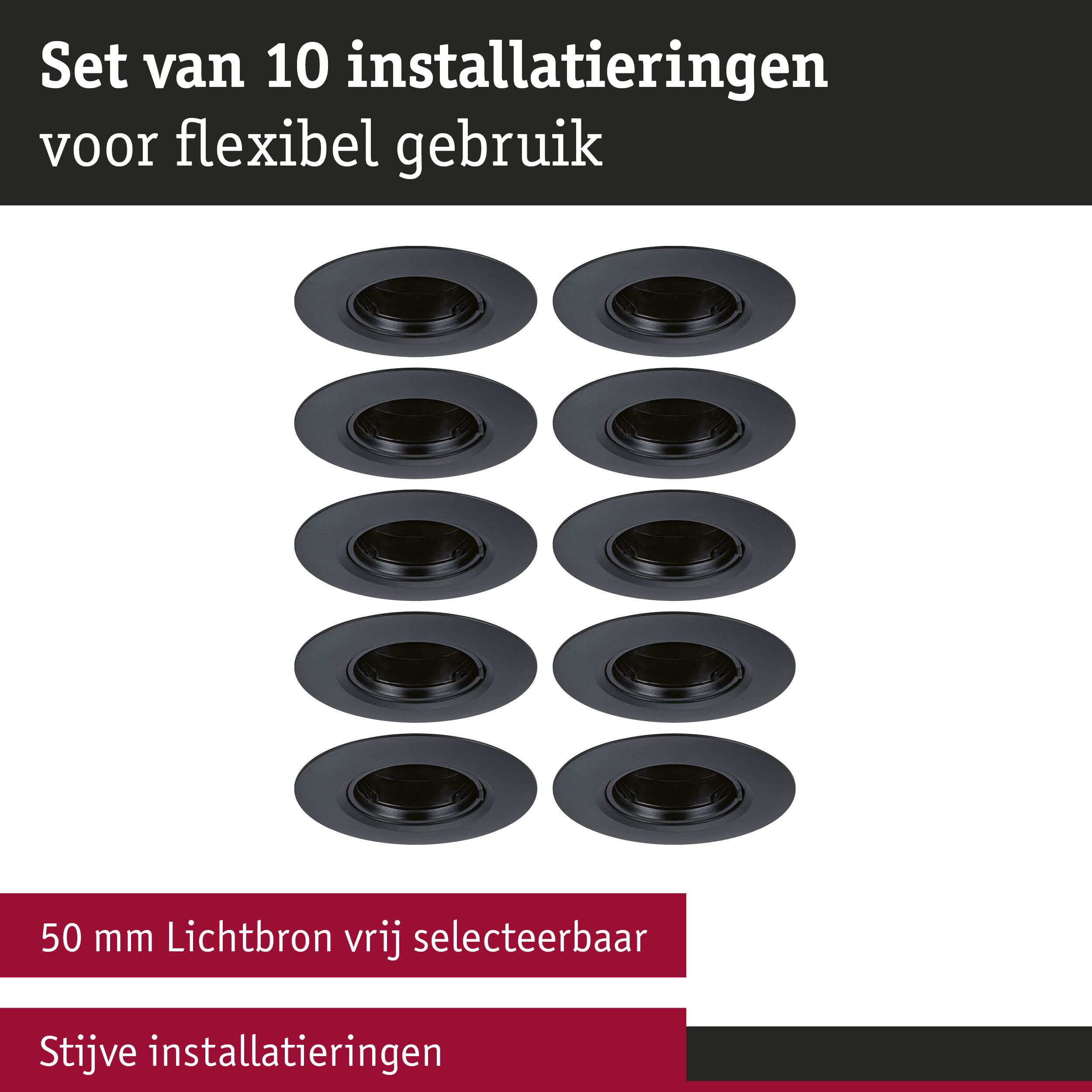 Set van 10 zwarte inbouwframes voor flexibele LED-verlichting met 50 mm lichtbron