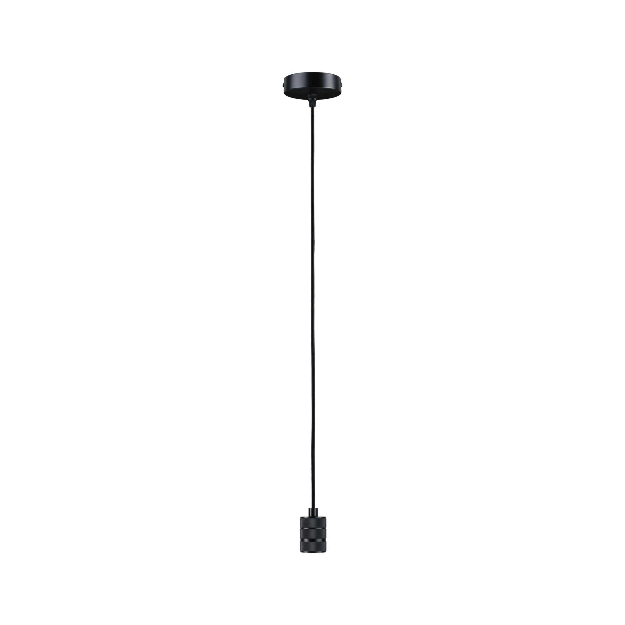 Black metal pendant light with cylindrical design and fabric cable for modern interior lighting
