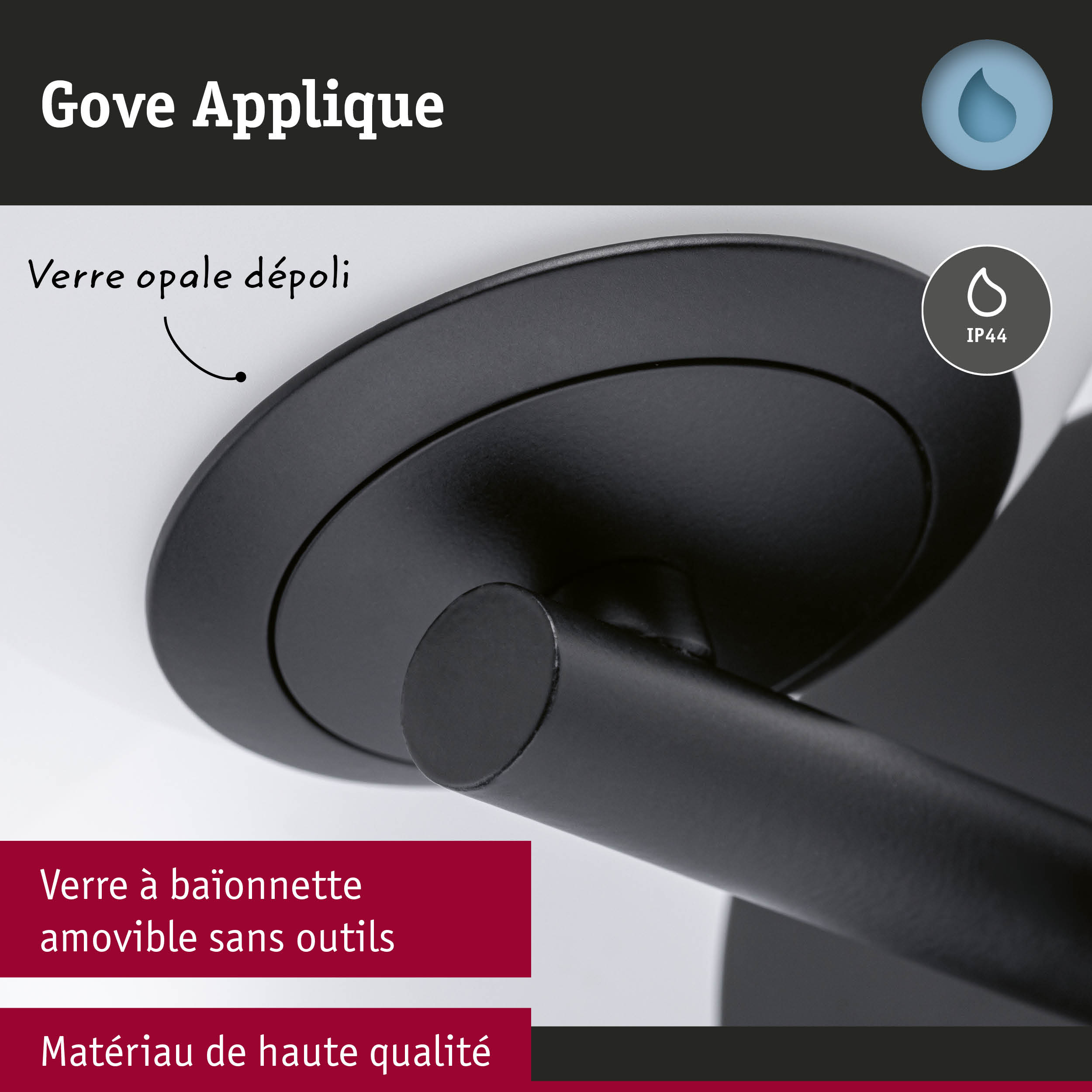 Applique murale noire Gove avec verre opale dépoli et indice de protection IP44 pour pièces humides