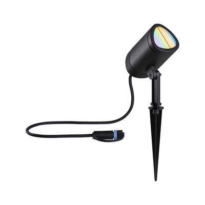 Black LED garden spotlight with ground spike and cable connector for outdoor garden lighting