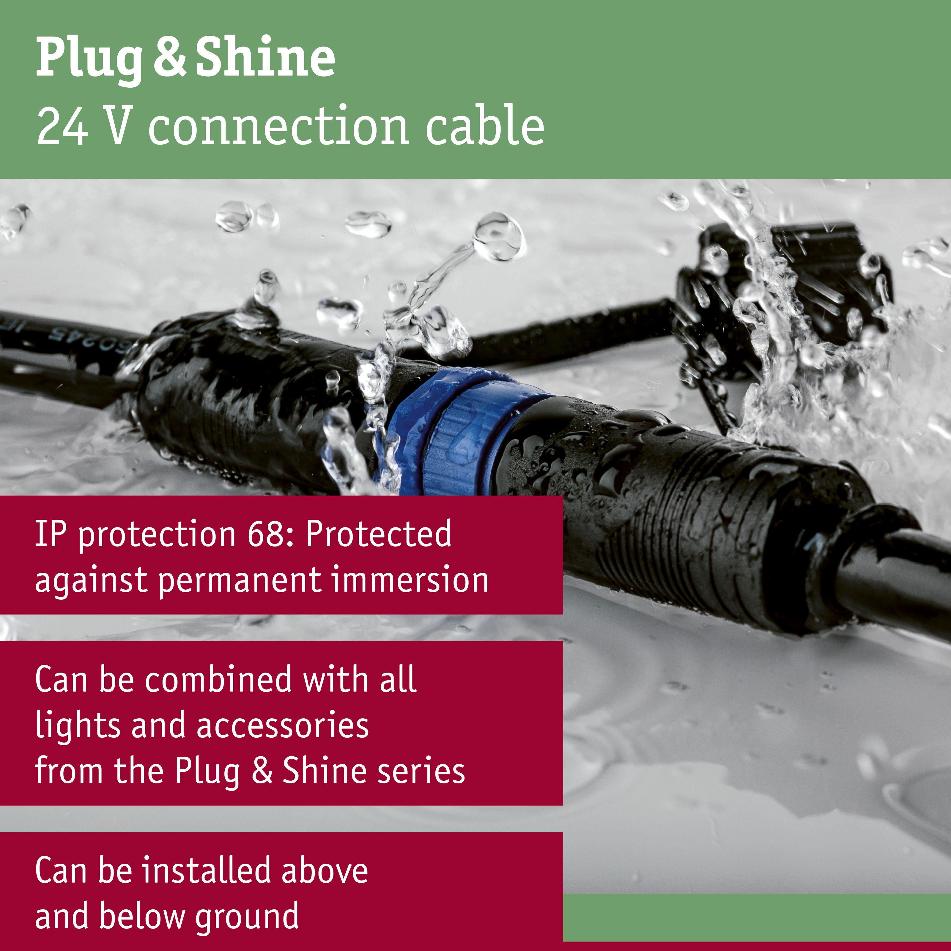 Black Plug & Shine 24 V connection cable with blue ring, waterproof and IP68 rated for outdoor use