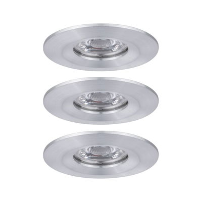 Three round recessed spotlights in brushed silver aluminum for modern LED lighting solutions.