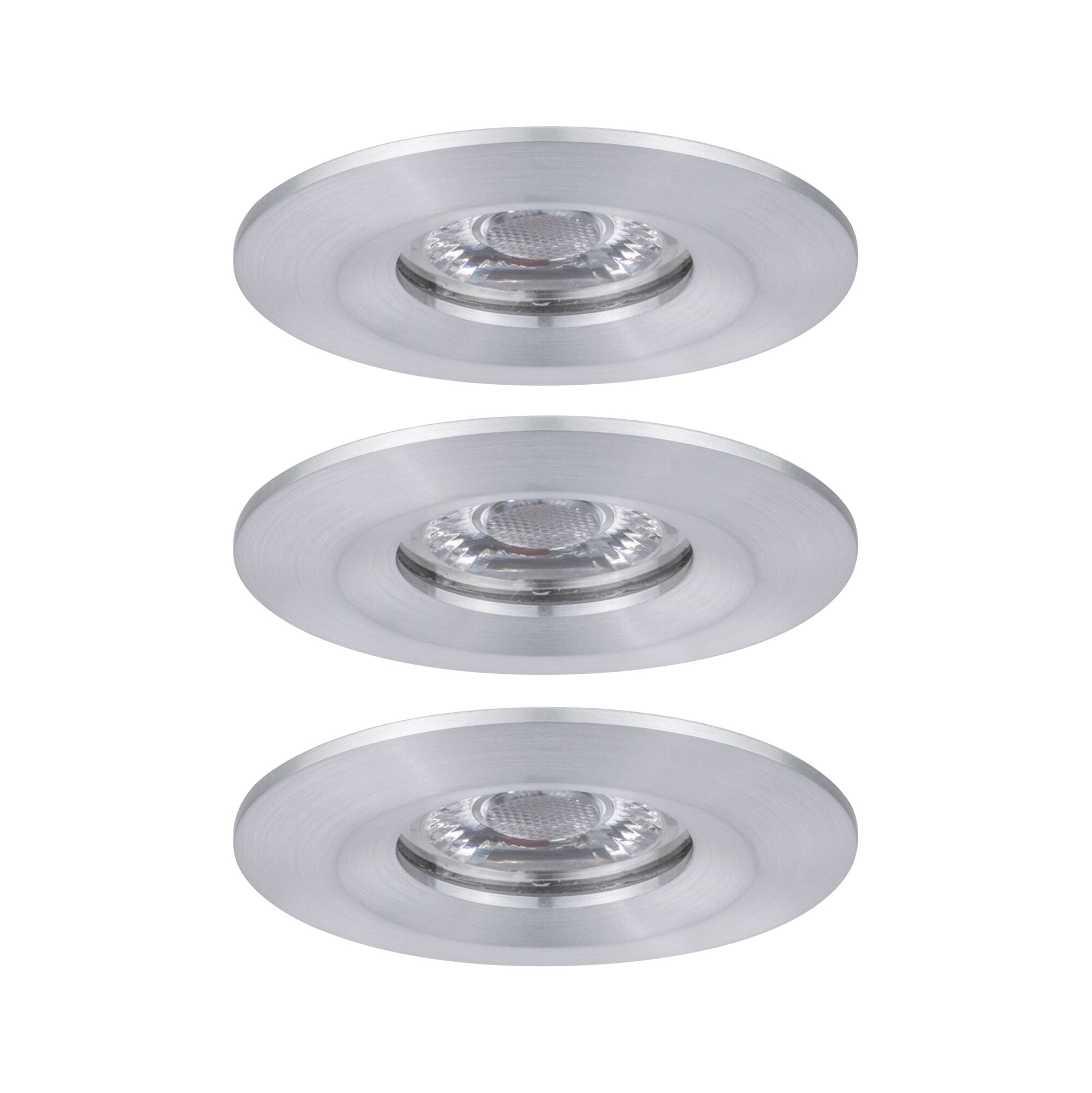 Tre runde indbygningsspots i børstet sølvfarvet aluminium til moderne LED-belysning.