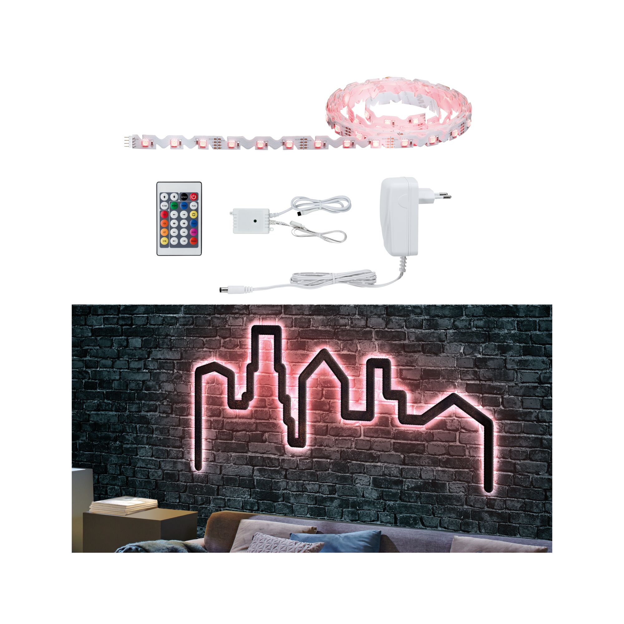 LED strip light with remote and power adapter, pink glow for wall decoration and ambient lighting
