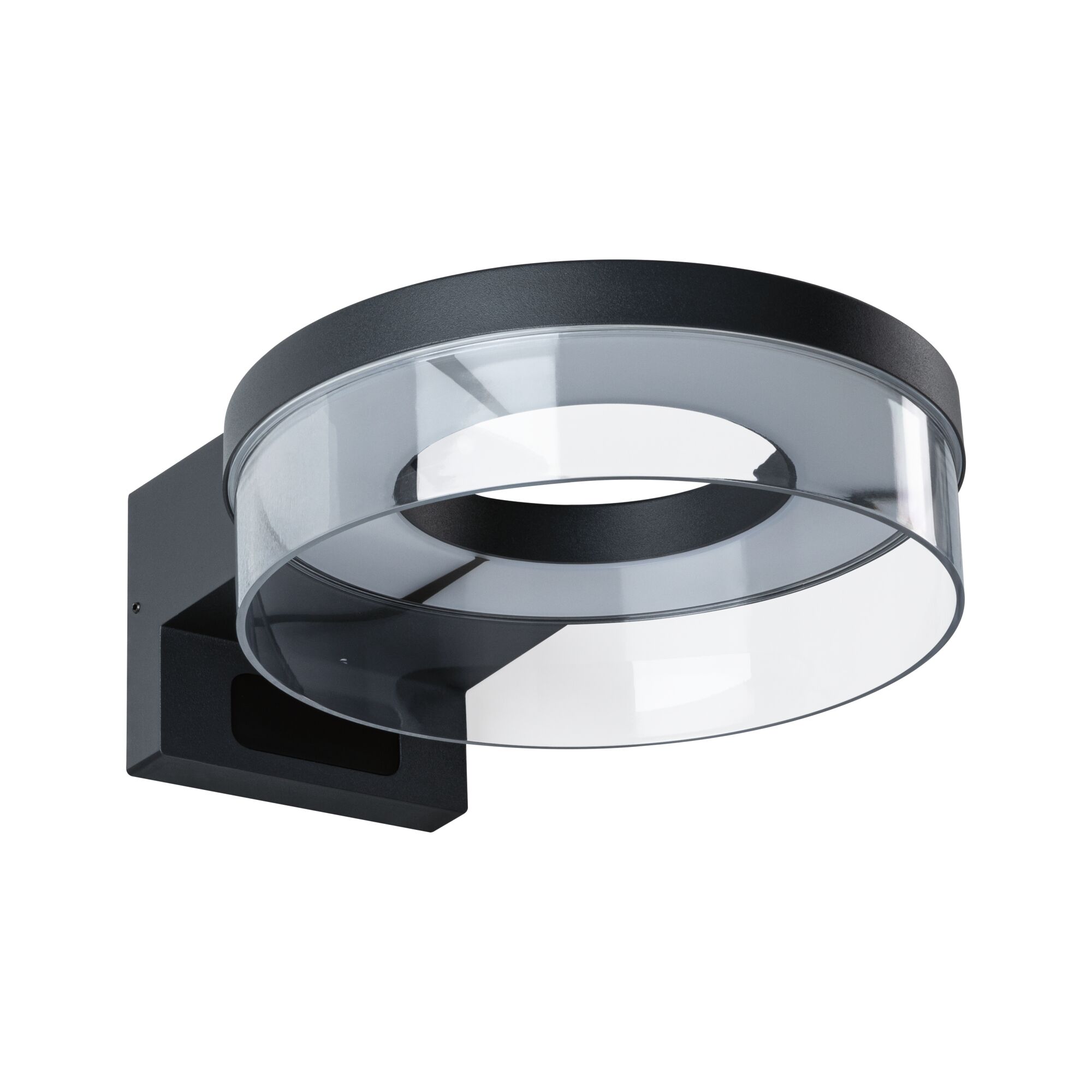 Modern black wall light with transparent acrylic ring for stylish LED indoor lighting solutions.