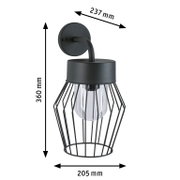 Schwarze Wandlampe aus Metall mit Gitterdesign und klarer Glühbirne, Maße 360x237x205 mm