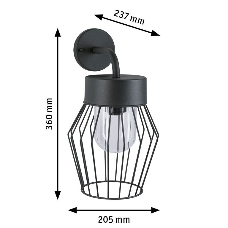 Schwarze Wandlampe aus Metall mit Gitterdesign und klarer Glühbirne, Maße 360x237x205 mm