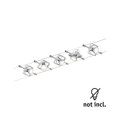 Moderner Seilstrahler mit fünf silbernen LED-Spots aus Metall, ohne Leuchtmittel.