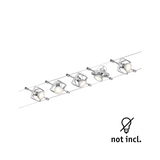 Modern cable spotlight with five silver metal LED spots, bulbs not included.