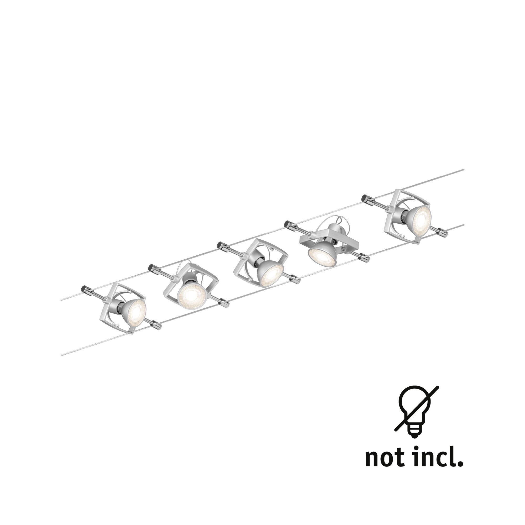 Spot sur câble moderne avec cinq LED argentées en métal, ampoules non incluses.