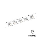 Moderner Seilstrahler mit fünf silbernen LED-Spots aus Metall, ohne Leuchtmittel.