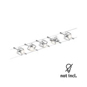 Modern cable spotlight with five silver metal LED spots, bulbs not included.