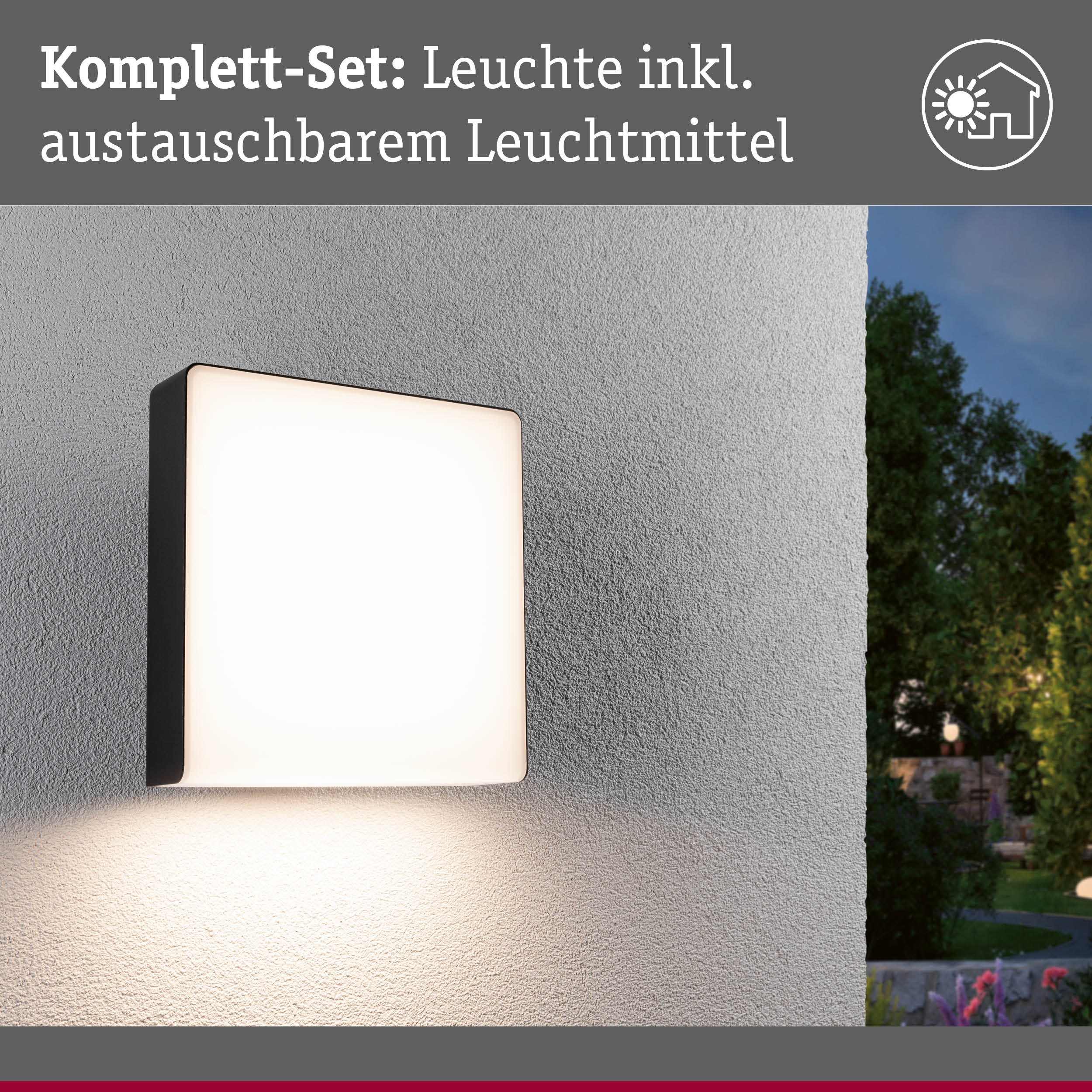 Quadratische Außenwandleuchte in Schwarz mit weißem Diffusor und austauschbarem Leuchtmittel