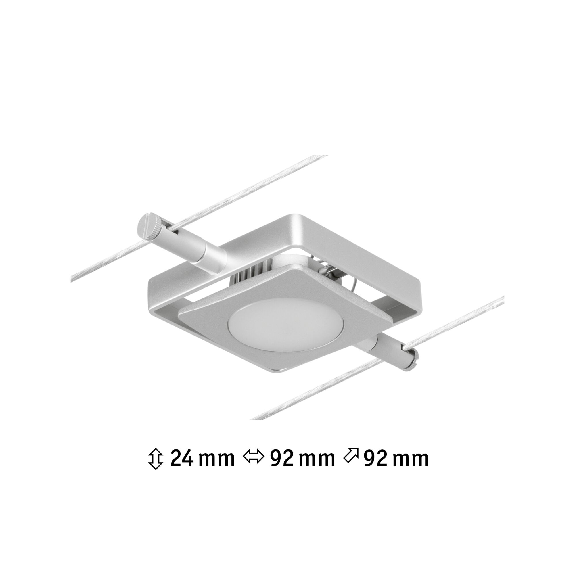 Firkantet sølv metal LED-kabelspot med 24 mm højde og 92 mm bredde til moderne belysning