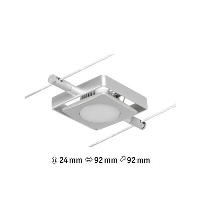 Firkantet sølv metal LED-kabelspot med 24 mm højde og 92 mm bredde til moderne belysning