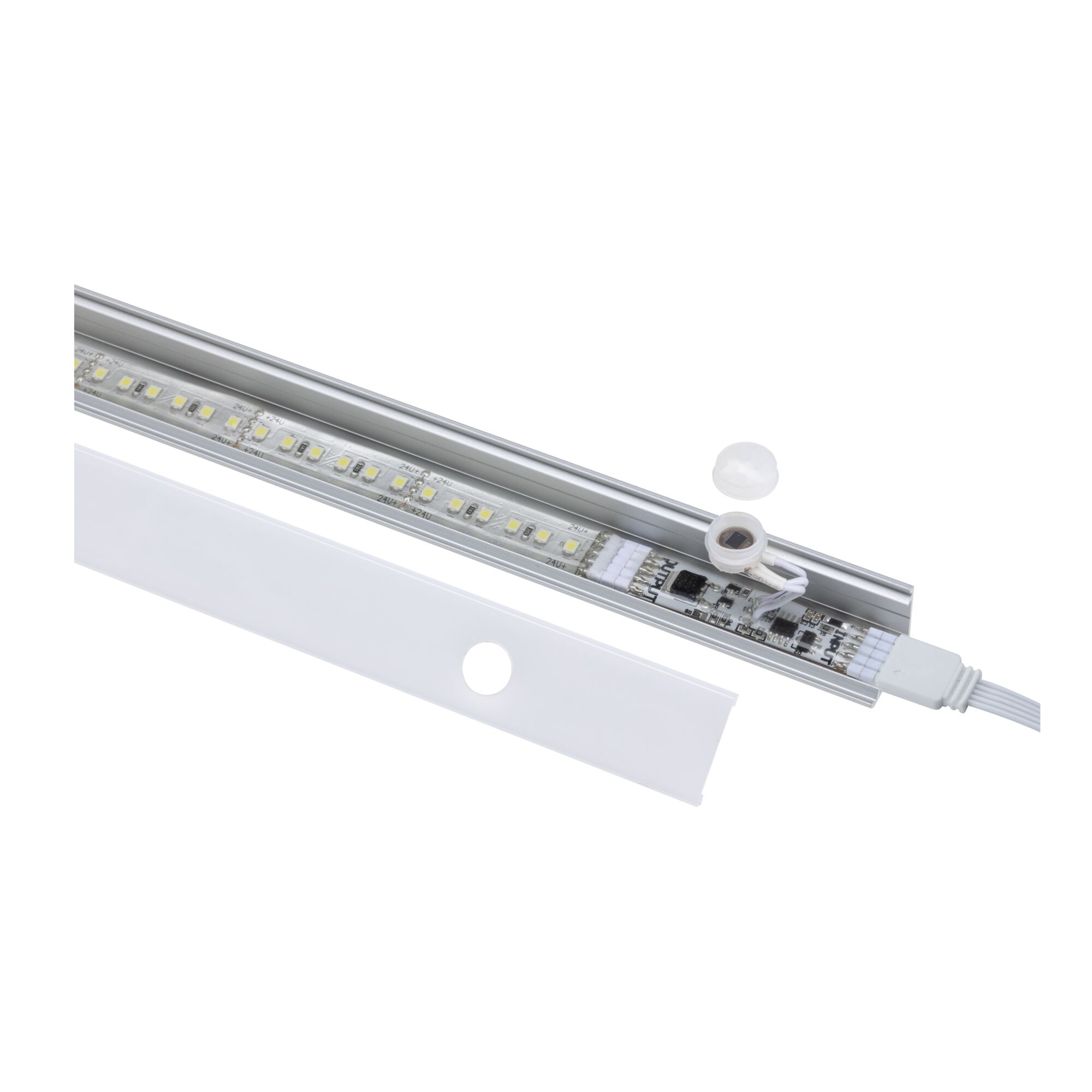 Aluminum LED light strip with white diffuser and sensor for modern indoor lighting
