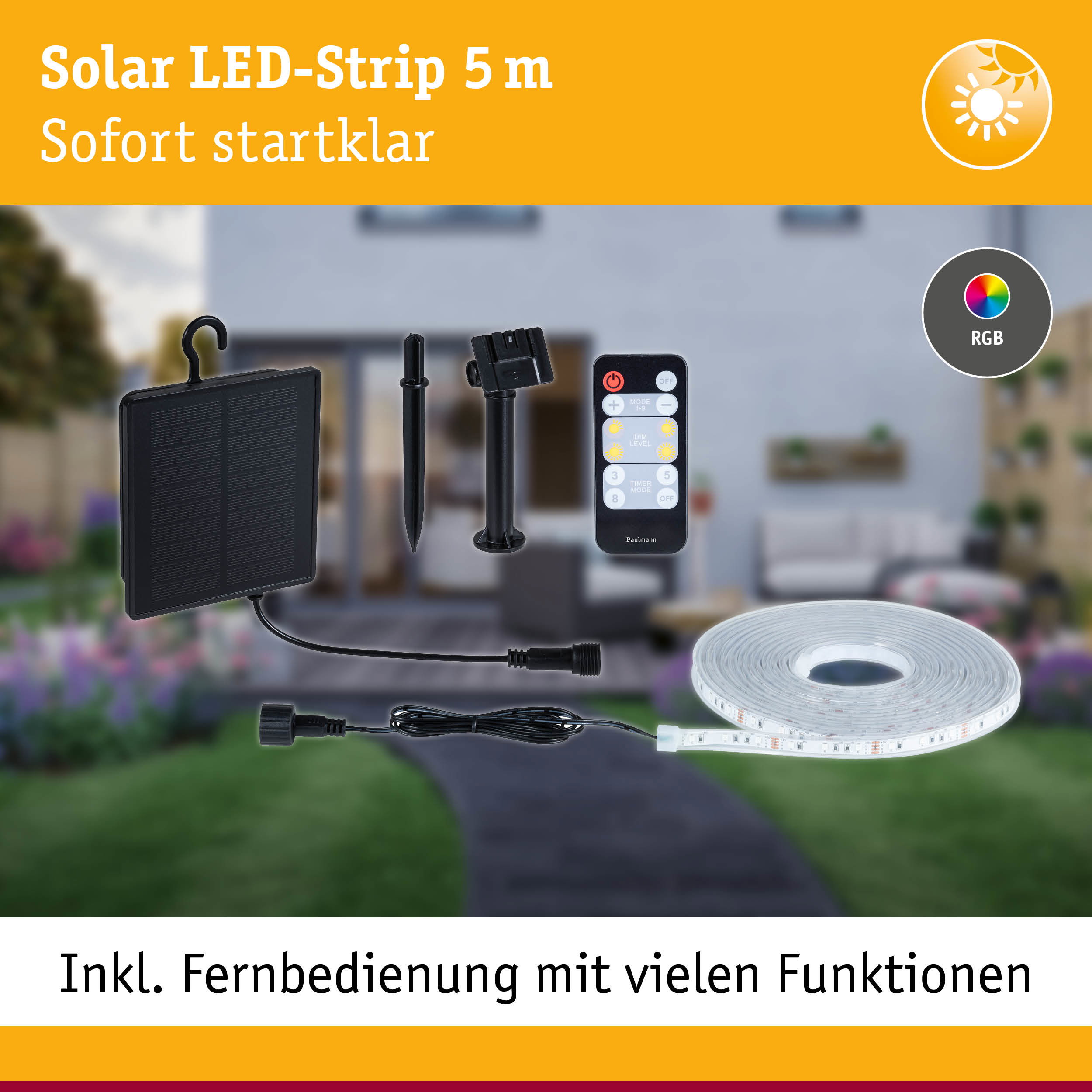 Solar LED-Strip 5 m mit Fernbedienung und RGB-Farbwechsel, energiesparende Außenbeleuchtung
