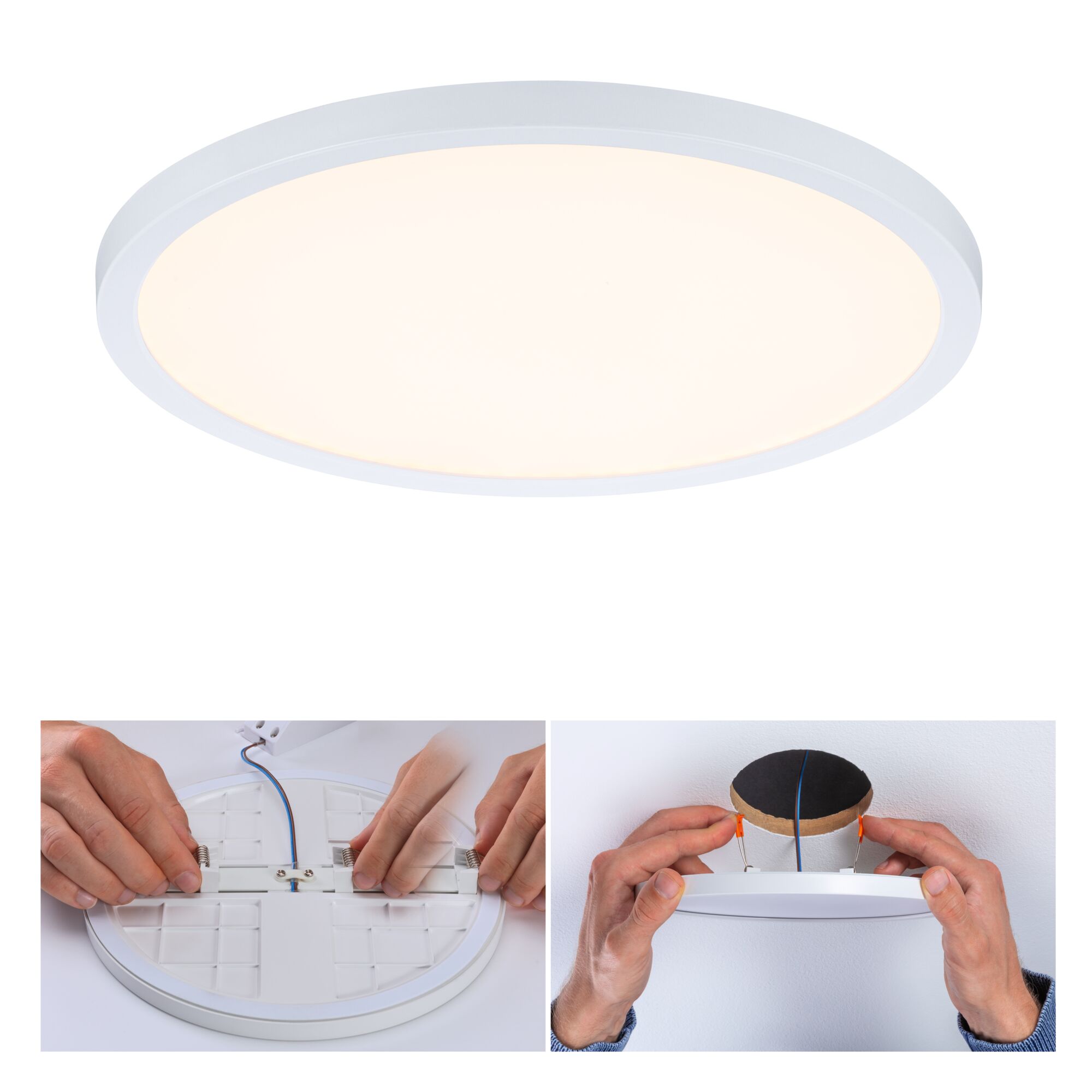 Round white LED ceiling light in plastic with warm white light and installation guide.