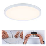 Round white LED ceiling light in plastic with warm white light and installation guide.