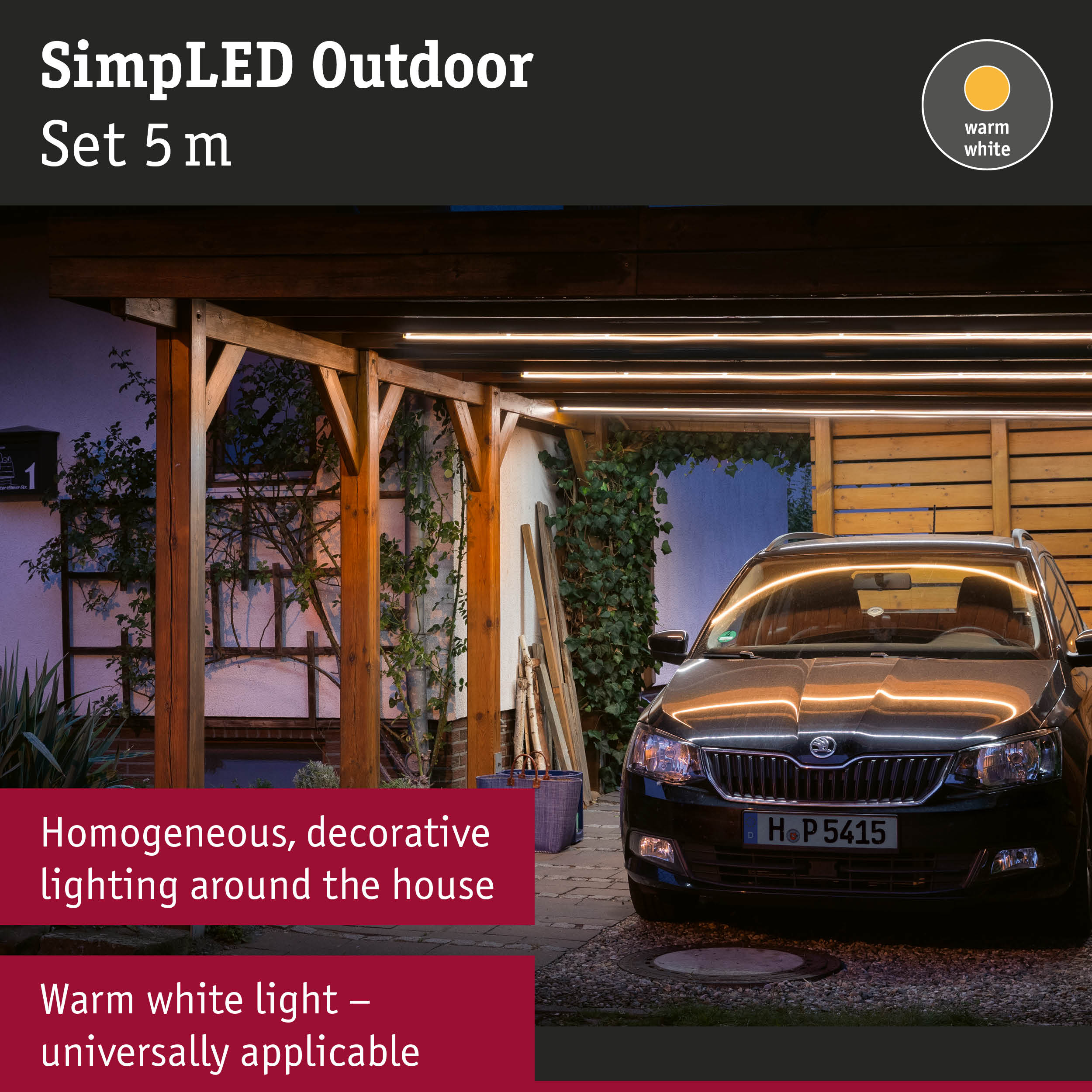 SimplLED Outdoor 5 m set with warm white LED lighting under wooden roof above parked car