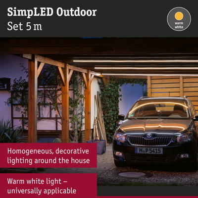 SimplLED Outdoor 5 m set with warm white LED lighting under wooden roof above parked car