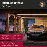 SimplLED Outdoor 5 m set with warm white LED lighting under wooden roof above parked car