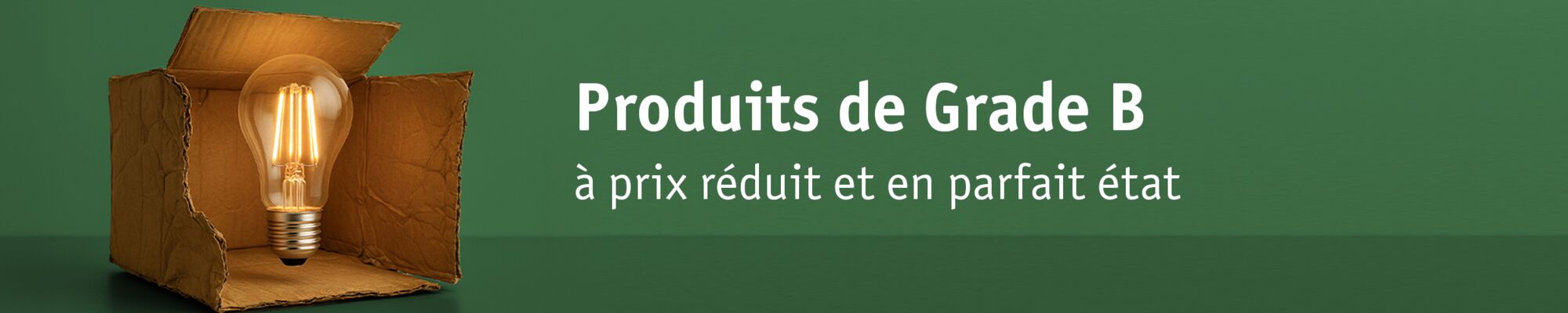 Ampoule allumée dans une boîte en carton marron ouverte sur fond vert avec texte sur produits de Grade B