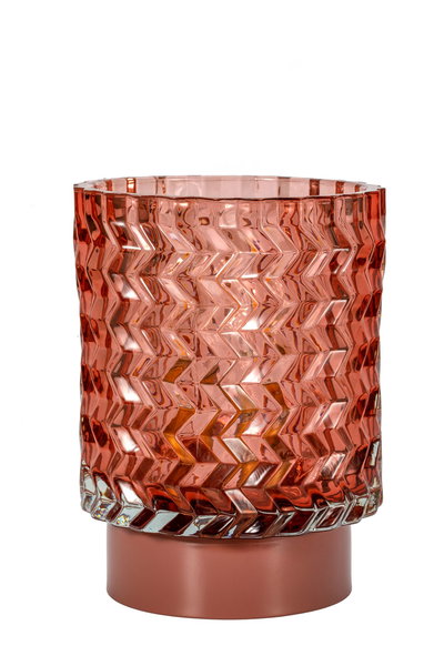 Red glass candle holder with zigzag pattern and matte base, decorative LED light for home interiors