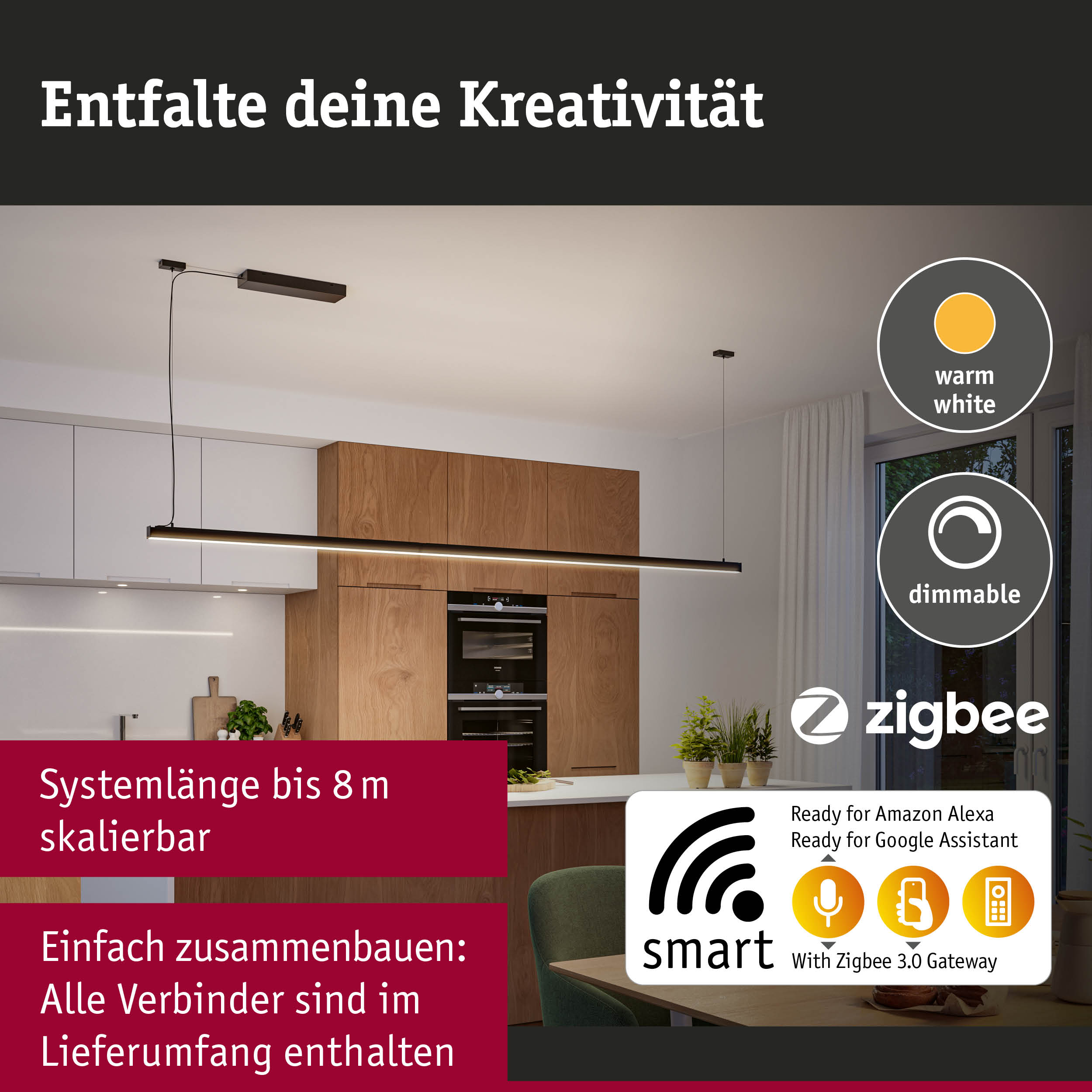 Schwarze LED-Pendelleuchte mit warmweißem Licht über moderner Küche, dimmbar und smart steuerbar