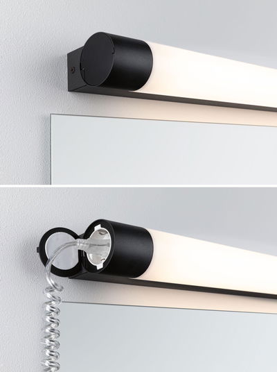 Schwarze LED-Wandleuchte mit opalem Diffusor und integriertem Steckdosenanschluss für Badspiegelbeleuchtung