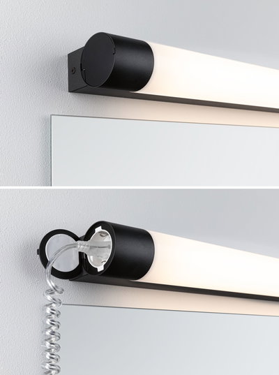 Schwarze LED-Wandleuchte mit integriertem Steckdosenanschluss und opalem Diffusor für Badezimmerbeleuchtung