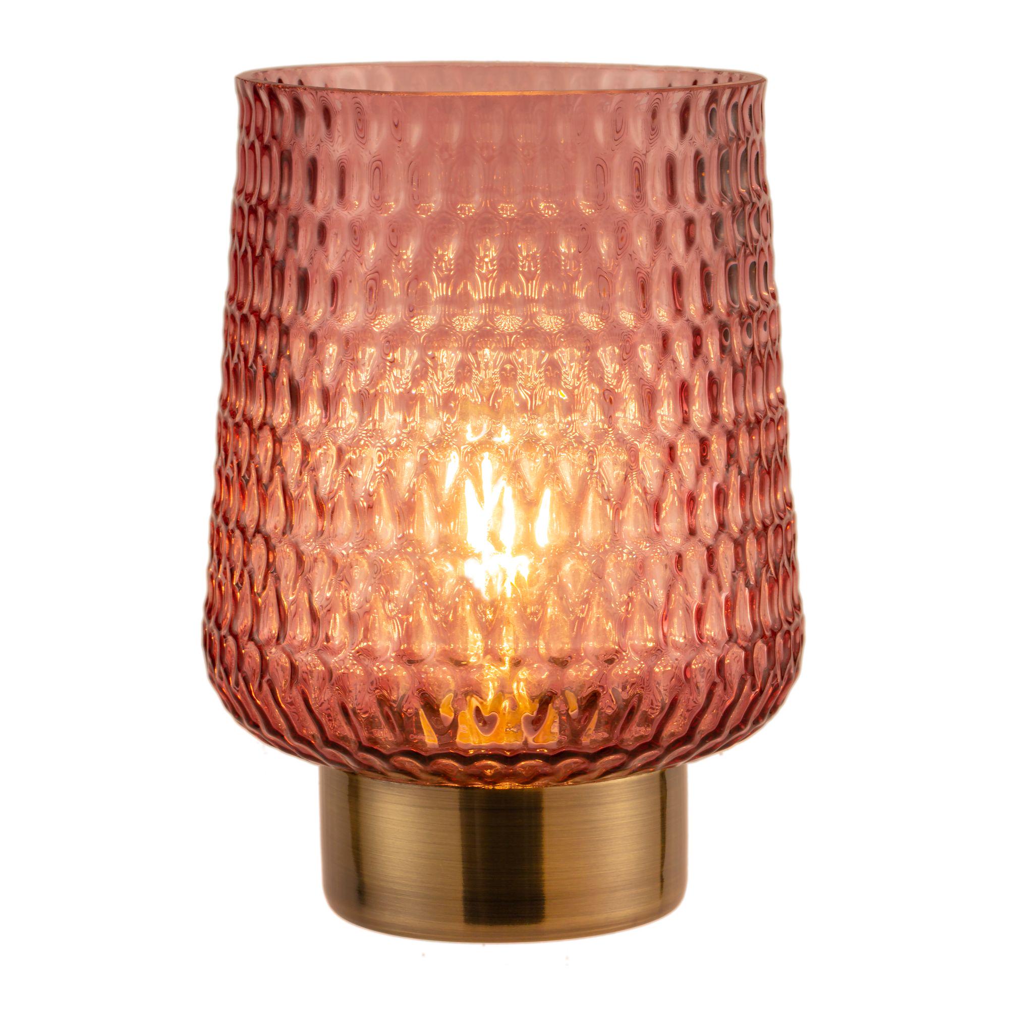 Lampe de table en verre rose texturé avec base en métal doré pour un éclairage d'ambiance chaleureux