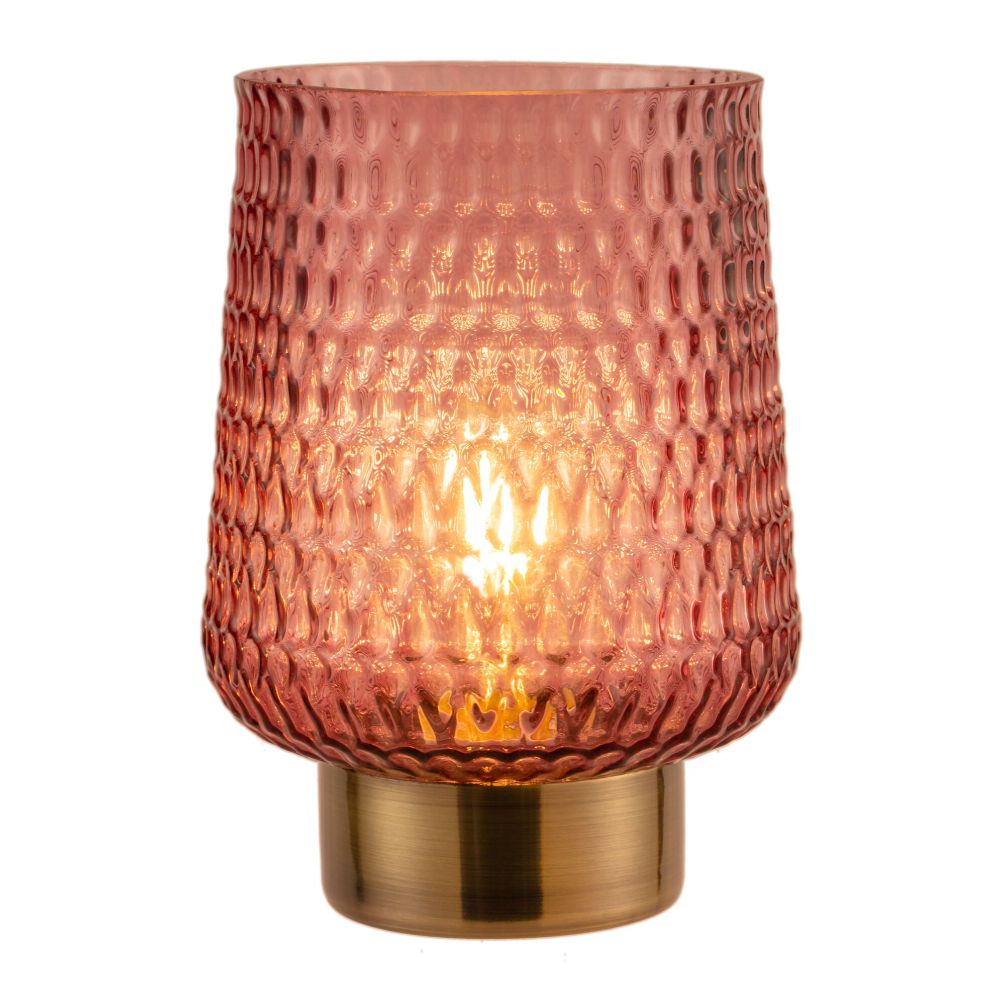 Roze glazen tafellamp met gestructureerd oppervlak en gouden metalen voet voor sfeerverlichting