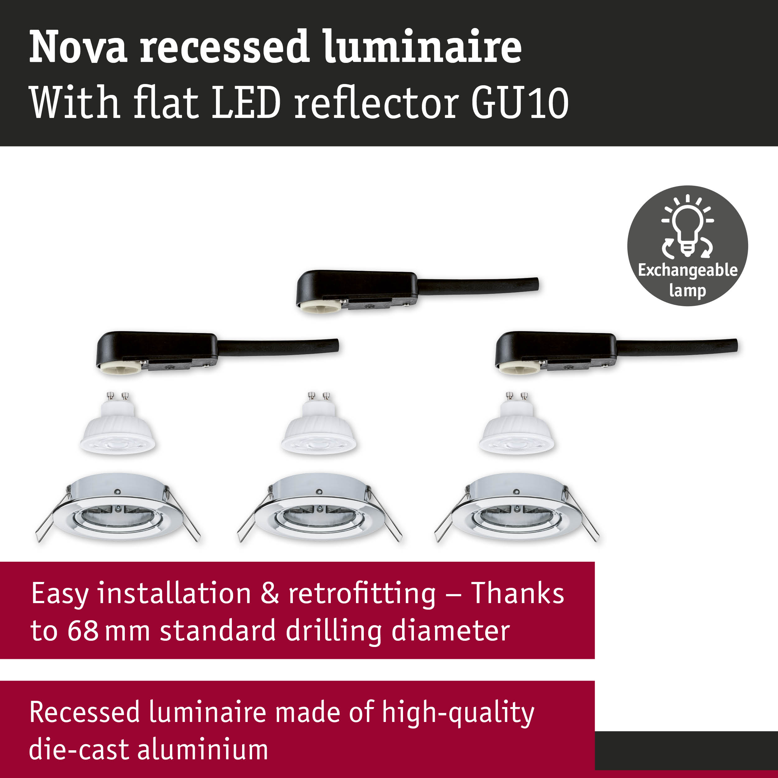 Nova recessed luminaire in die-cast aluminium with flat GU10 LED reflector and exchangeable lamp