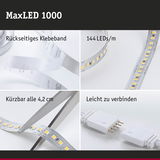 MaxLED 1000 LED-Streifen mit rückseitigem Klebeband, 144 LEDs/m, alle 4,2 cm kürzbar, einfach verbindbar