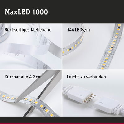 MaxLED 1000 LED-Streifen mit rückseitigem Klebeband, 144 LEDs/m, alle 4,2 cm kürzbar, einfach verbindbar
