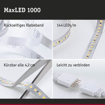 MaxLED 1000 LED-Streifen mit rückseitigem Klebeband, 144 LEDs/m, alle 4,2 cm kürzbar, einfach verbindbar