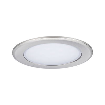 Round LED recessed panel in brushed silver aluminum for energy-efficient room lighting.