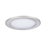 Round LED recessed panel in brushed silver aluminum for energy-efficient room lighting.