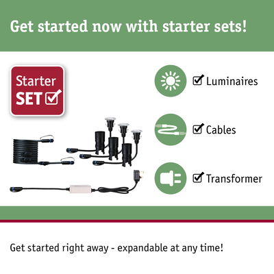 Starter set with black LED luminaires, cables, and transformer for expandable lighting solutions