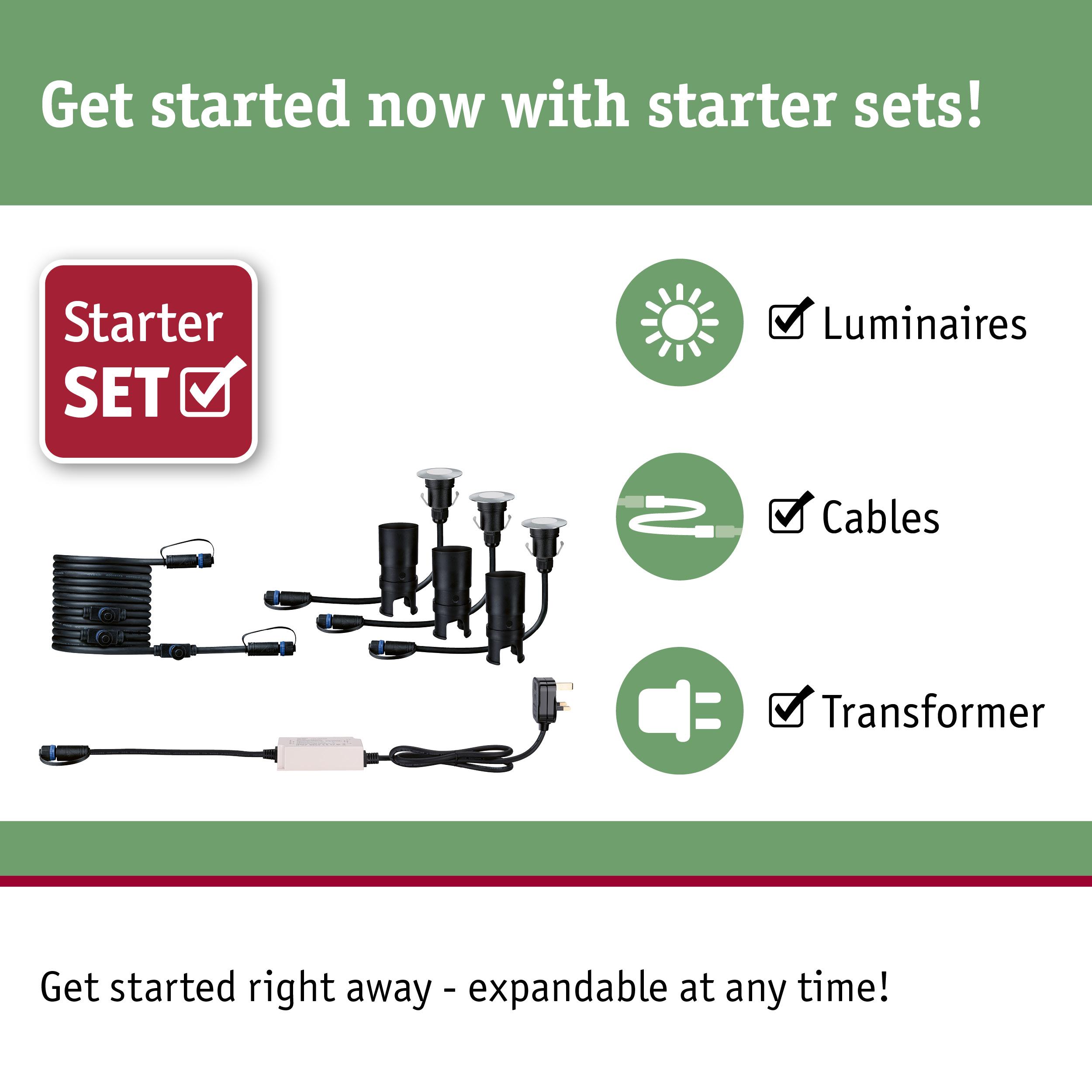 Starter set with black LED luminaires, cables, and transformer for expandable lighting solutions