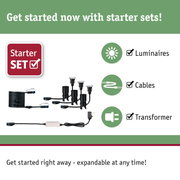 Starter set with black outdoor luminaires, cables, and transformer for garden lighting
