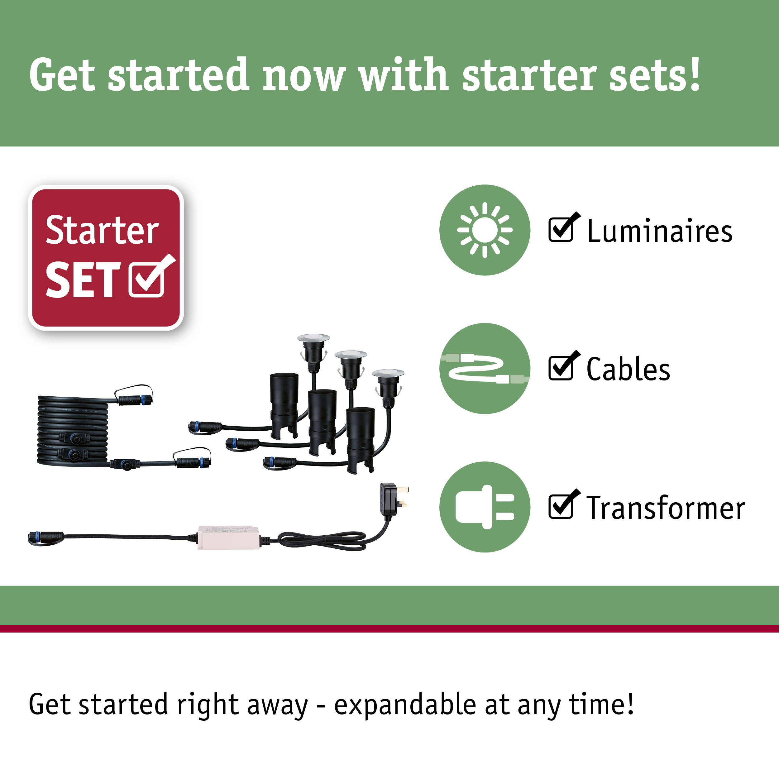 Starter set with black outdoor luminaires, cables, and transformer for garden lighting