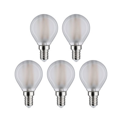 Fünf matte LED-Leuchtmittel mit E14-Fassung und rundem Glas in Weiß für energiesparende Beleuchtung