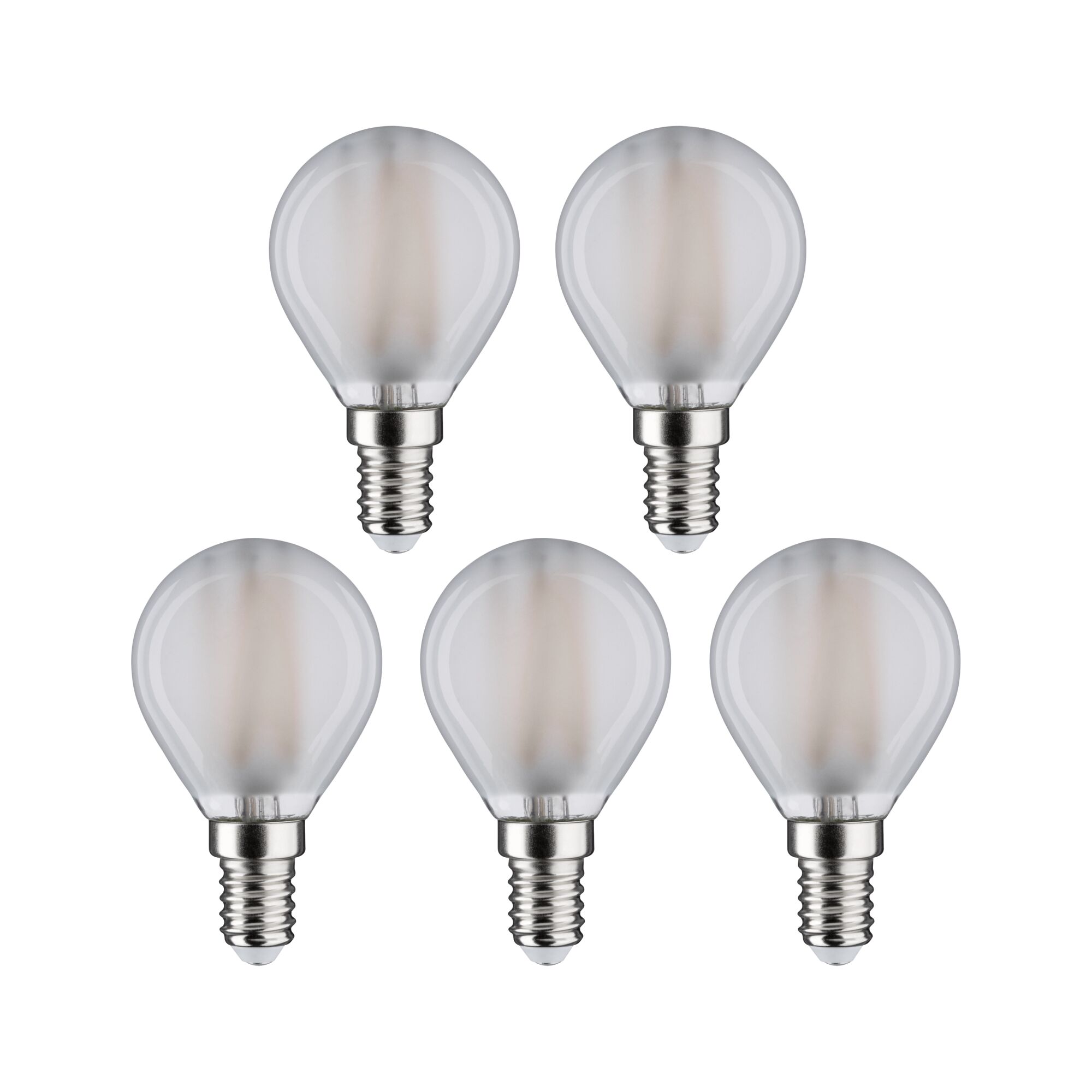 Fünf matte LED-Leuchtmittel mit E14-Fassung und rundem Glas in Weiß für energiesparende Beleuchtung