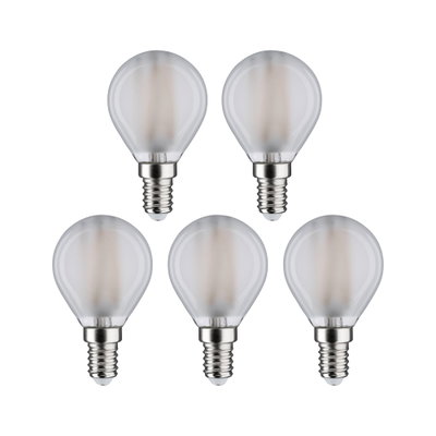 Fünf matte LED-Leuchtmittel mit E14-Fassung und rundem Glas in Weiß für energiesparende Beleuchtung