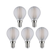 Fünf matte LED-Leuchtmittel mit E14-Fassung und rundem Glas in Weiß für energiesparende Beleuchtung