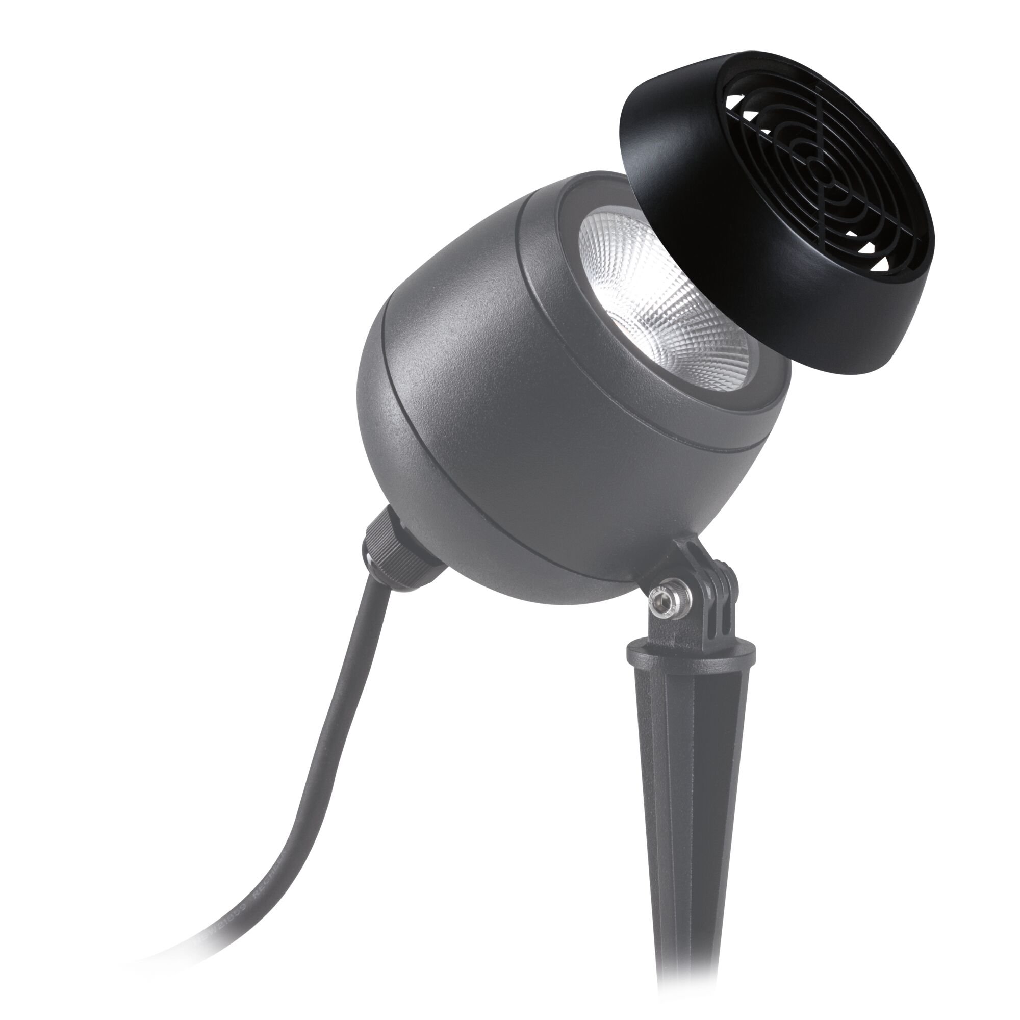 Zwarte LED-tuinschijnwerper met grondpin en afneembare kunststof beschermkap voor buitenverlichting